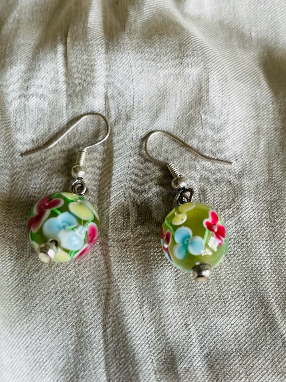 Murano Glass Lampwork Drop Pierced Earrings with Multicolor Flowers